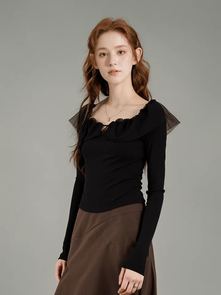 卓芝 一字肩デザインのストレッチ長袖Tシャツ【メッシュパネル・フィットタイプ】