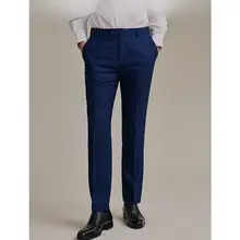 ブルーのビジネスカジュアルストレートパンツ【快適なフィット感・ドレスパンツ】（セットアップ対応）