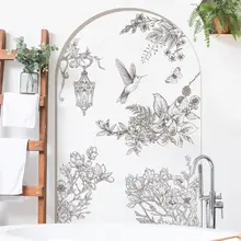 シンプルなラインデザインの植物と花の壁用ステッカー【自粘着式・玄関や寝室のインテリア装飾】