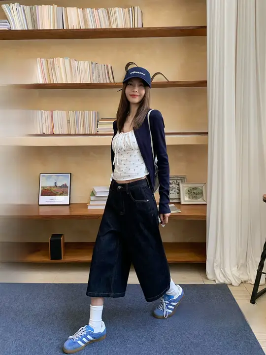 デニムパンツ レディース 濃紺 ルーズ ストレート 七分丈 アメカジ 着痩せ おしゃれ 秋