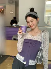 長袖Tシャツ レディース チュール 小花柄 パープル インナー 重ね着 フィット 秋