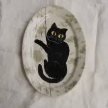 手描き猫デザインのオーバル陶器プレート【家庭用・朝食用・可愛いペットデザイン】