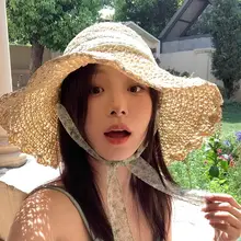 フラワーレース付き 日除け編み草帽【夏用・ビーチリゾート・UVカット】