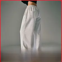 高腰ストレートパンツ【グレー・抽绳・秋冬用・ゆったりシルエット】（セットアップ対応）