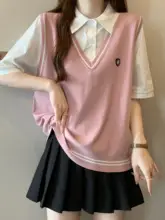 夏用ルーズフィット学院風デザインシャツベスト【短袖・上半身カバー・女性用】（セットアップ対応）