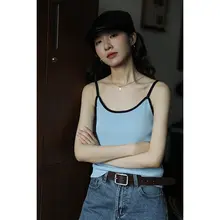 復古風バイカラー ニットキャミソール【夏用・美背デザイン・無袖】