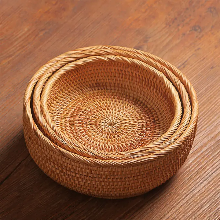 手作り竹編み収納バスケット【中華風・茶道用トレー・お菓子や果物用】