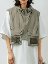 夏用アウトドア機能性ショートベスト【アメリカンヴィンテージ・工装デザイン・フード付き・ユニセックス】