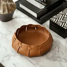 高級感あるレザー編みハンドル付き収納バスケット【卓上用・アロマ・化粧品収納】