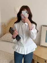 昭和風デザインのフリル付きボタン長袖シャツ【リボン付き】
