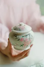 手描き桃花デザインの陶器製ストレージ容器【防湿密閉・家庭用】