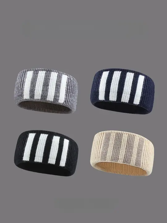 ストライプデザインのニットヘッドバンド【男女兼用・冬用・汗を吸収・幅広】