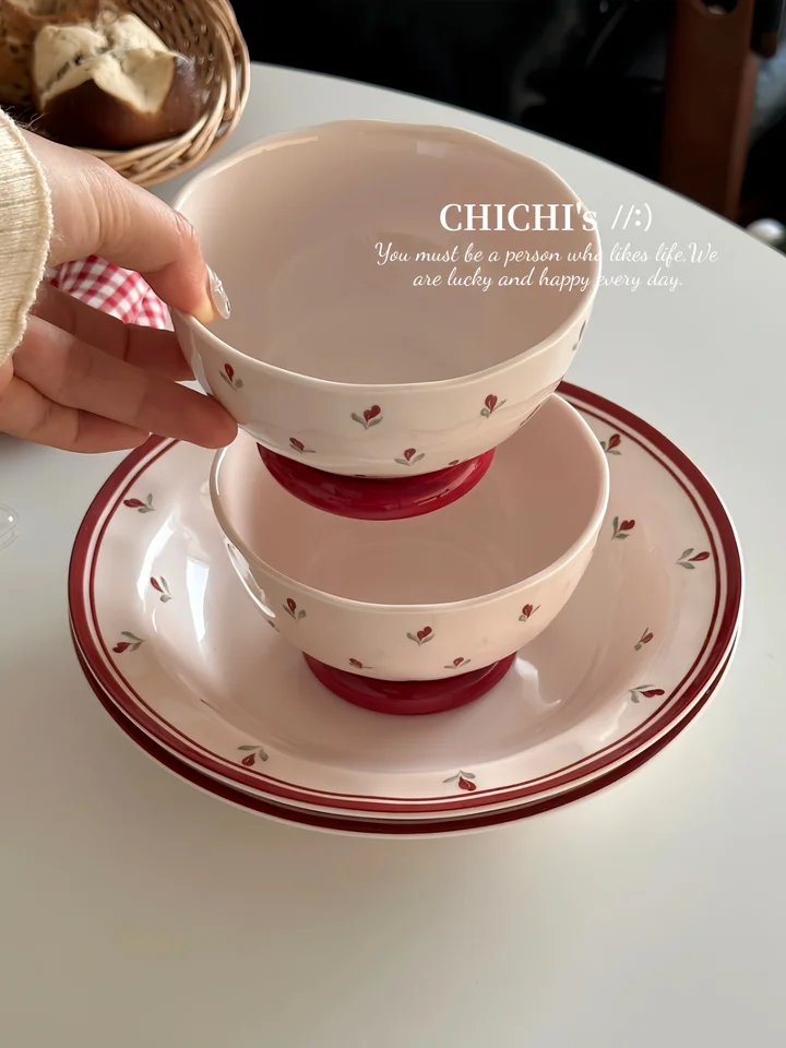 レトロなインス風赤いチューリップシリーズの陶器製皿とボウル【釉下彩・家庭用】