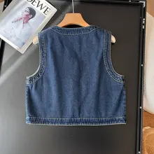 春の新作レトロデニムノースリーブベスト【Vネック・ボタン留め・重ね着対応】（セットアップ対応）