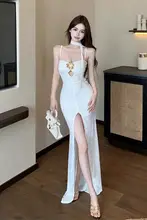 立体花花モチーフのメッシュキャミソールワンピース【夏用・白・スリムフィット・スリット入り・ハイウエスト・ロングタイプ】