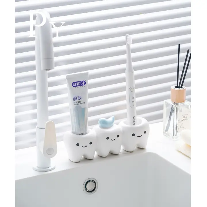 可愛らしい電動歯ブラシスタンドと歯磨き粉ホルダー【穴あけ不要・洗面所用】