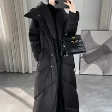 フード付きダウンコート【ブラック・ウエストリボン・極上の柔らかさ・ロング丈】