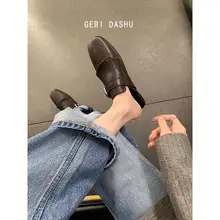 流行のフリンジ付きブロックデザインミュールシューズ【牛革・レトロスタイル・スリッポン】