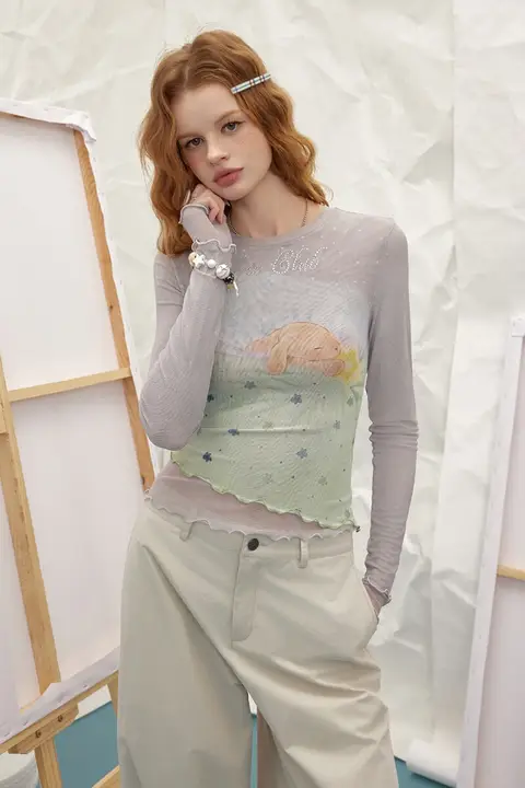 ドット柄の甘い長袖Tシャツ【シアー素材・フリルデザイン・着回し可能】
