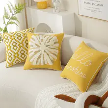 北欧スタイルの刺繍クッションカバー【全棉・イエロー・リビング用・おしゃれなデザイン】