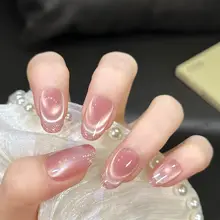 優雅なフレンチスタイルのピンクのキャットアイ爪付け爪【手作り・温柔な印象・美白効果】