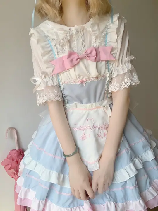 ロリータテイストのダブルカラー半袖シャツ【春夏用・女性用・ホワイト】