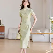 夏用シルクサテンの改良型チャイナドレス【高級感あるデザイン・女性用】