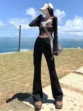 アメリカンビンテージスタイル！ブラック 微フレア工場風パンツ【ハイウエスト・スリムフィット・ロング丈】（セットアップ対応）