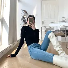 フレンチスタイル ヴィンテージ風 バブルスリーブニットトップス【高ネック・フィットデザイン・女性用】