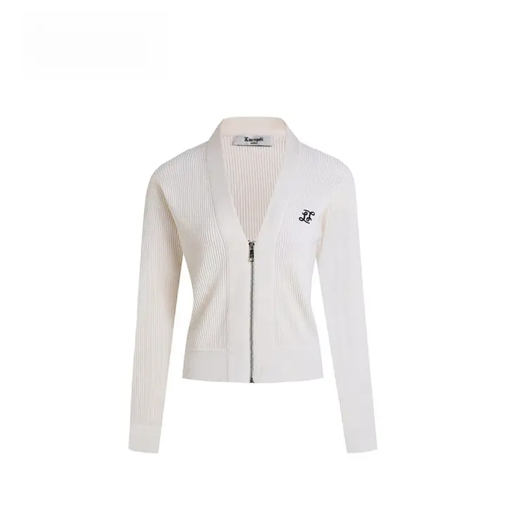 白色Vネックジップ刺繍ニットカーディガン【春用・ラフスタイル・ユニークデザイン】
