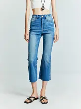 高弾性ヴィンテージハイウエストスキニーフレアデニムパンツ【破れ加工・八分丈】
