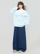 青いリボンデザインのフリル付きパーカー【春用・カラーブロック・女性用】（セットアップ対応）