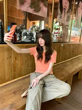 撞色ラウンドネック細ストライプ半袖Tシャツ【レディース・コットン素材・夏用】