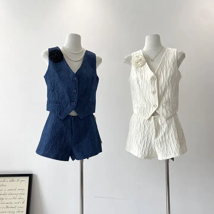 夏季 韓国風 ダブルブレスト ノースリーブ ショートベスト とハイウエスト プリーツ ワイドパンツ（セットアップ対応）