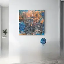 ウォールアート 手描き油絵 スクエア 抽象 テクスチャー ぼかし 青 オレンジ 幻想的 リビング 書斎 「FXH.」
