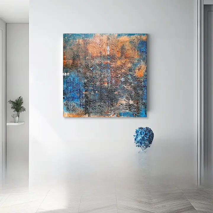 ウォールアート 手描き油絵 スクエア 抽象 テクスチャー ぼかし 青 オレンジ 幻想的 リビング 書斎 「FXH.」
