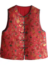 華やかな中国風新年用紅色七彩葫蘆刺繍ベスト【改良中式デザイン・色違いのボタン付き】