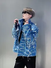 男性用デザインジャケット【デニム・装飾的なスパンコール・流れるフリンジ・クールなスタイル】