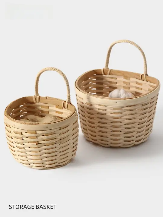 藤編の壁掛け小物入れ【キッチン用・葱姜大蒜収納・手編み】
