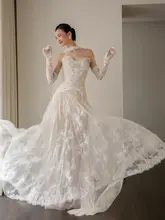 高級な新婦用軽婚礼ドレス【白月光・アウトドア・柔らかいレース・小さなトレイン】