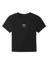 蝶結びデザインの黒い短袖Tシャツ【レディース・夏用・フィット感・ショート丈】