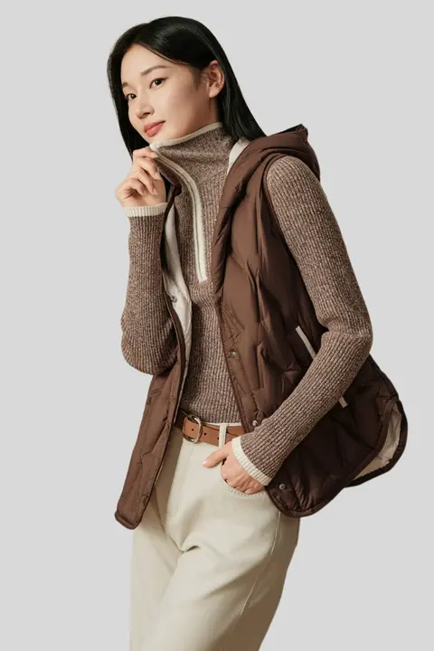 軽やかで暖かい！フード付きバイカラー白鹅绒ダウンベスト【冬季用】