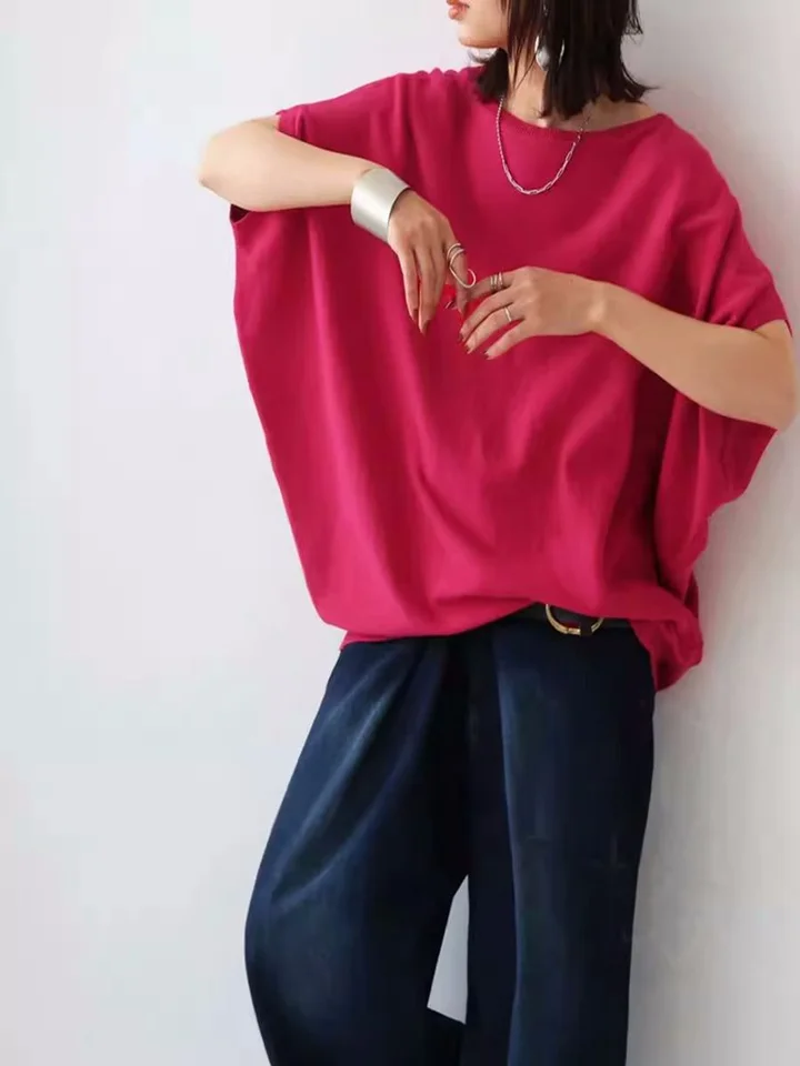 軽量で肌触りの良い春夏用ニット半袖Tシャツ【ルーズフィット・クルーネック・ベスト対応】
