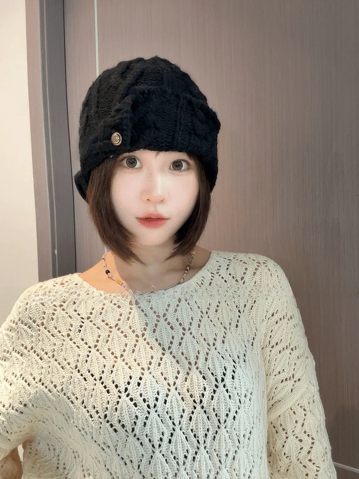 手編みツイストニット帽【保温・レトロデザイン・ダイヤモンド透かし・女性用】