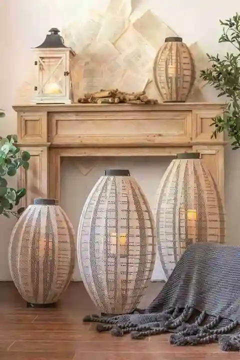 布張りのスタンド型キャンドルランタン【レトロスタイル・インテリア装飾用】