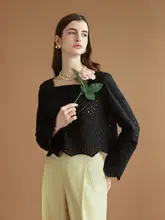 黒のレース刺繍バンドカラー長袖ブラウス【女性用・フレンチスタイル・エレガントデザイン】