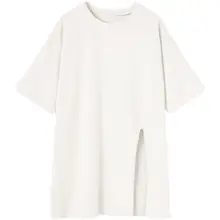 デザイン性のあるレディース夏用コットンTシャツ【ショートスリーブ・ラウンドネック・ミディ丈・スリット入り・ゆったりフィット】