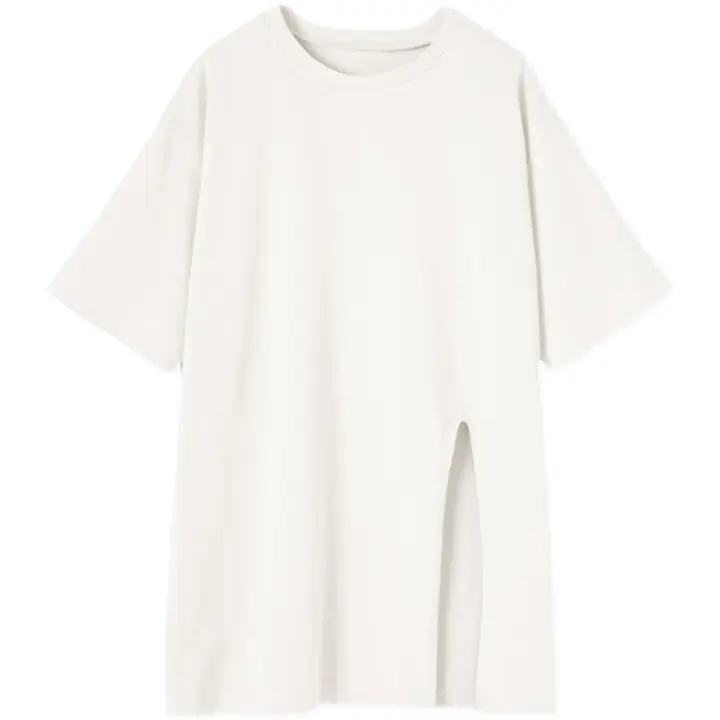 デザイン性のあるレディース夏用コットンTシャツ【ショートスリーブ・ラウンドネック・ミディ丈・スリット入り・ゆったりフィット】