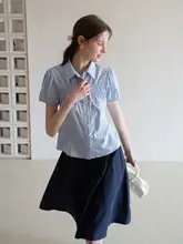 ブルー格子柄デザインの半袖シャツ【フリルスリーブ・夏用・翻領】