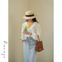 刺繍入りVネックシャツ【フランス風・秋夏用・デザイン性・女性用】